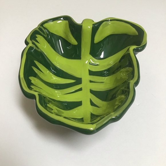 Tropical Leaf Serving Bowl Floral Spreader Green Ceramic Dip Fruit Hawaii Luau - Picture 5 of 16